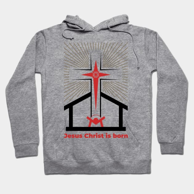 Baby Jesus in the barn, from above the light of the star of Bethlehem. Nativity of the Savior Christ. Hoodie by Reformer